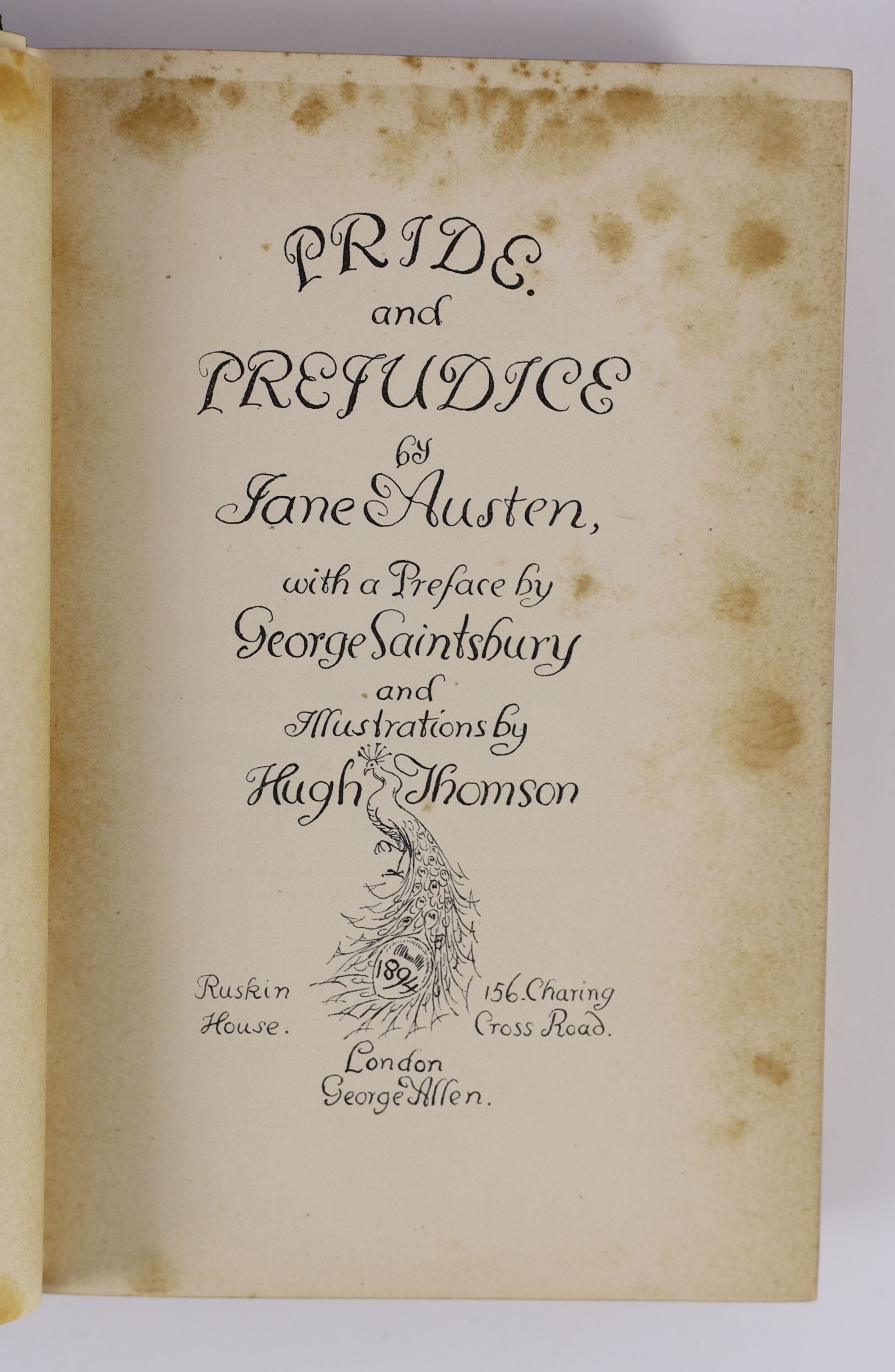 Austen, Jane - Pride and Prejudice... with a preface by George Sainsbury and illustrations by Hugh Thomson; dark blue / green publisher's cloth, upper cover and spine gilt overall in the 'Peacock' design, ge. and dark bl